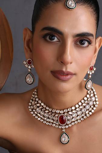 Gold plated ruby red polki necklace set with maang tikka