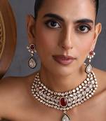 Gold plated ruby red polki necklace set with maang tikka