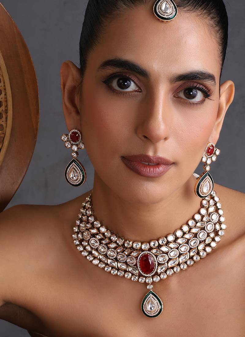 Gold plated ruby red polki necklace set with maang tikka