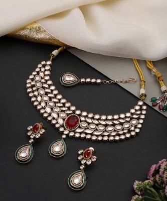 Gold plated ruby red polki necklace set with maang tikka 2
