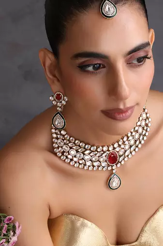 Gold plated ruby red polki necklace set with maang tikka