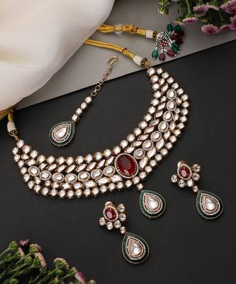 Gold plated ruby red polki necklace set with maang tikka 4