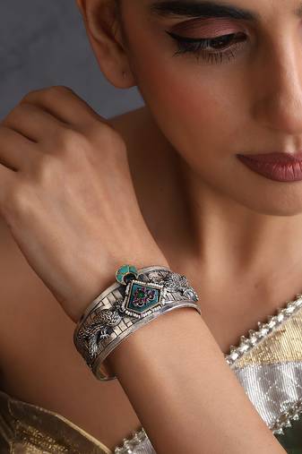 Turquoise blue silver plated polki cuff bangle
