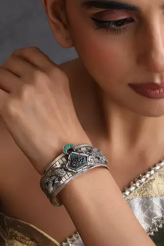 Turquoise blue silver plated polki cuff bangle