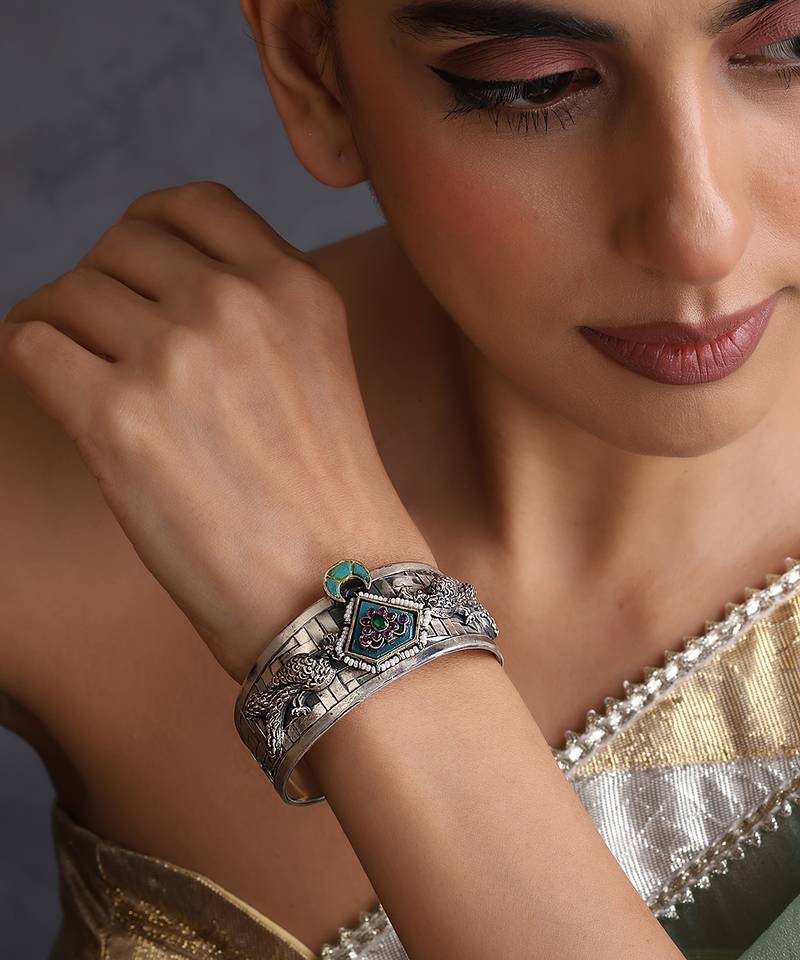 Turquoise blue silver plated polki cuff bangle
