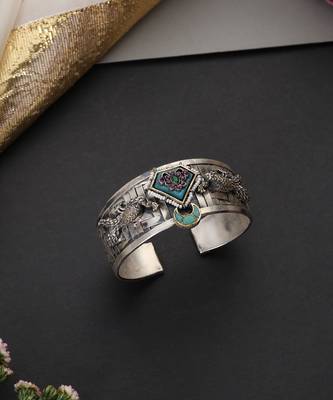 Turquoise blue silver plated polki cuff bangle 2