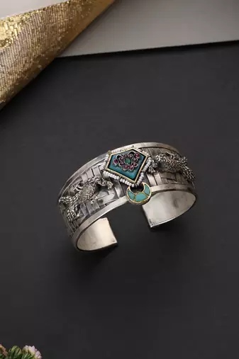Turquoise blue silver plated polki cuff bangle