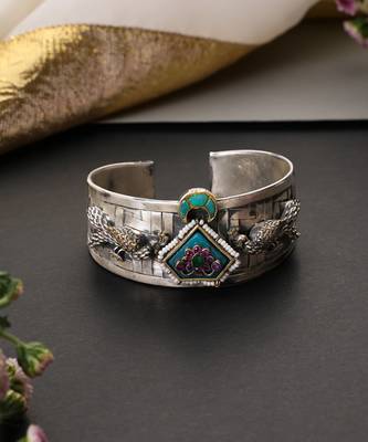 Turquoise blue silver plated polki cuff bangle 3