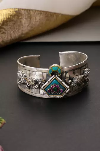 Turquoise blue silver plated polki cuff bangle