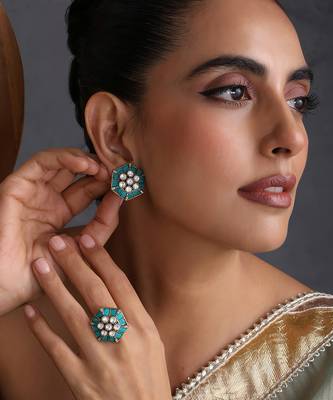 Blue polki stud earrings with ring 1