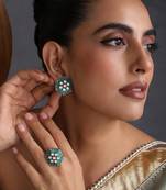 Blue polki stud earrings with ring