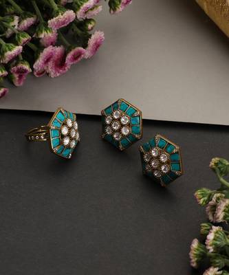 Blue polki stud earrings with ring 2