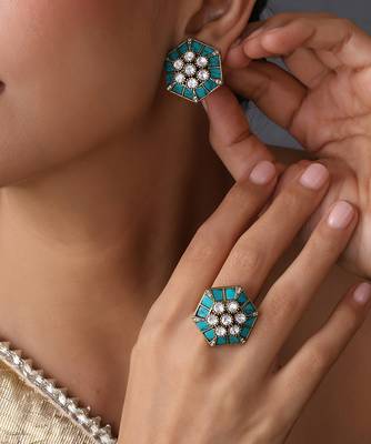 Blue polki stud earrings with ring 3