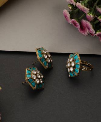 Blue polki stud earrings with ring 4