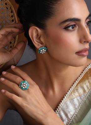 Blue polki stud earrings with ring 5