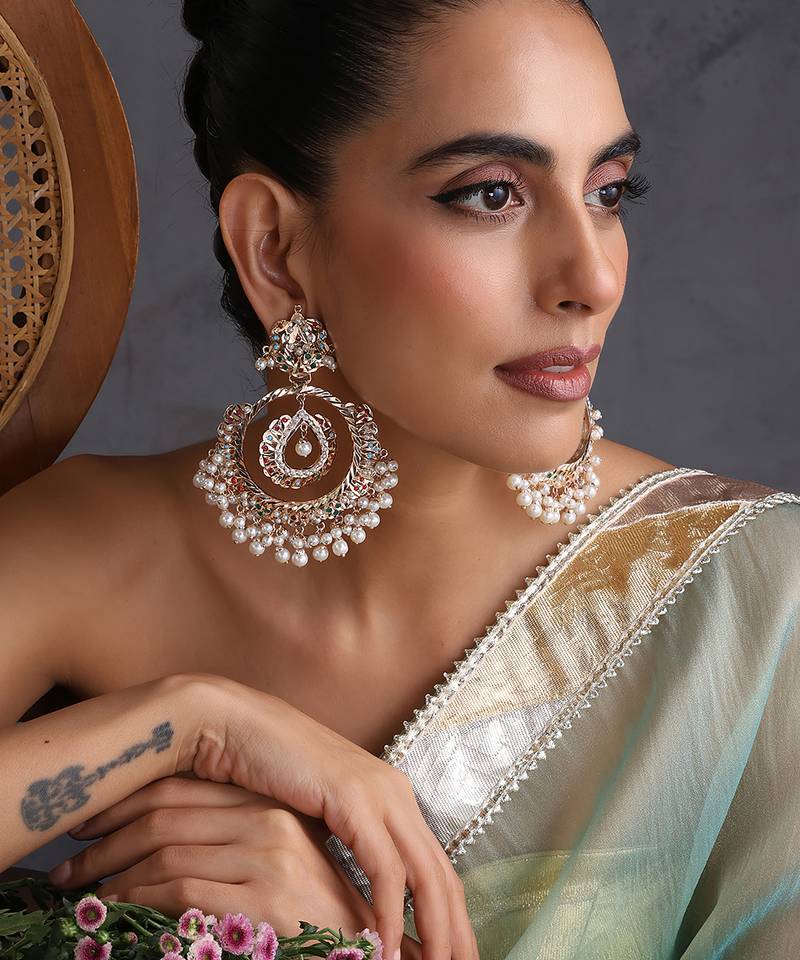 Gold plated multicolor jadau chandbali earrings
