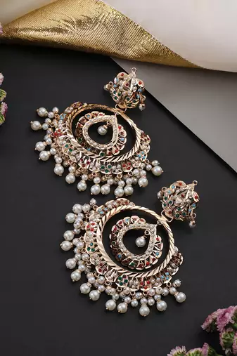Gold plated multicolor jadau chandbali earrings