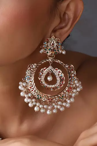 Gold plated multicolor jadau chandbali earrings