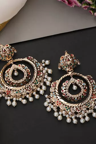Gold plated multicolor jadau chandbali earrings