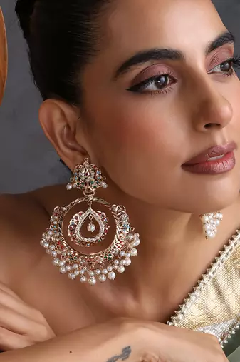 Gold plated multicolor jadau chandbali earrings