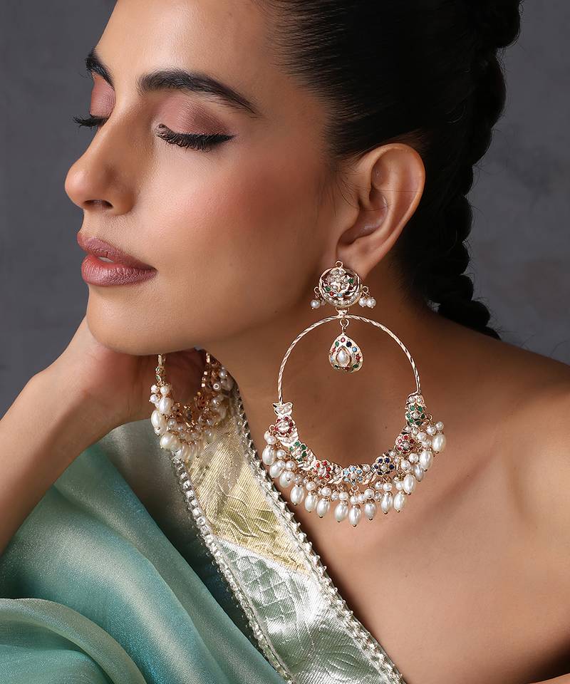 Gold plated multicolor jadau chandbali earrings