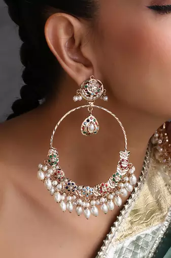 Gold plated multicolor jadau chandbali earrings