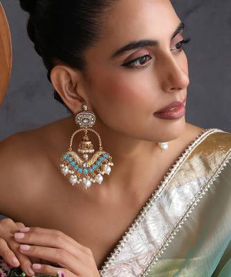 Gold plated blue polki chandbali earrings 1
