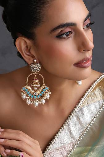 Gold plated blue polki chandbali earrings