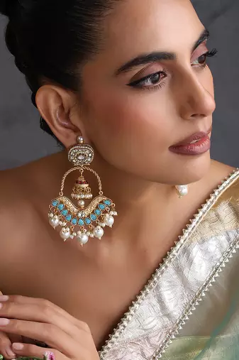 Gold plated blue polki chandbali earrings