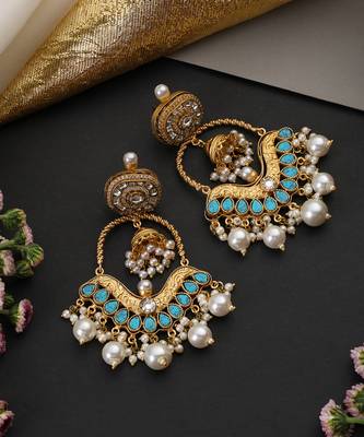 Gold plated blue polki chandbali earrings 2
