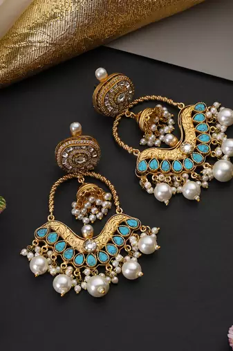 Gold plated blue polki chandbali earrings
