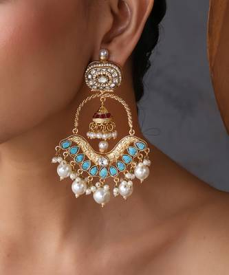 Gold plated blue polki chandbali earrings 3