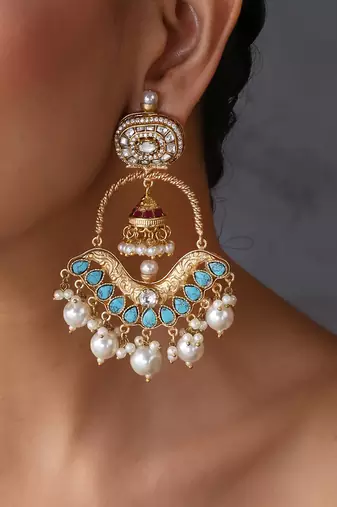 Gold plated blue polki chandbali earrings