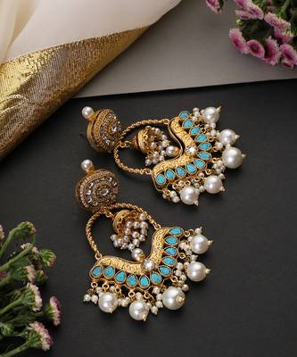 Gold plated blue polki chandbali earrings 4