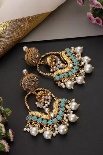 Gold plated blue polki chandbali earrings