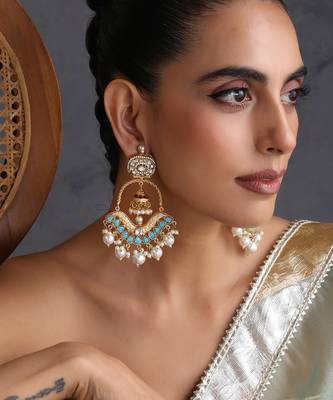 Gold plated blue polki chandbali earrings 5