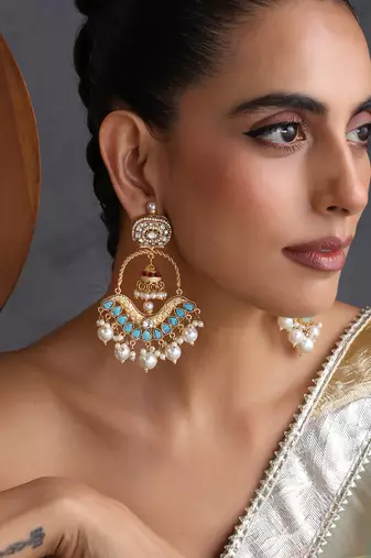 Gold plated blue polki chandbali earrings