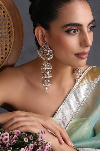 Gold plated red jadau jhumka earrings