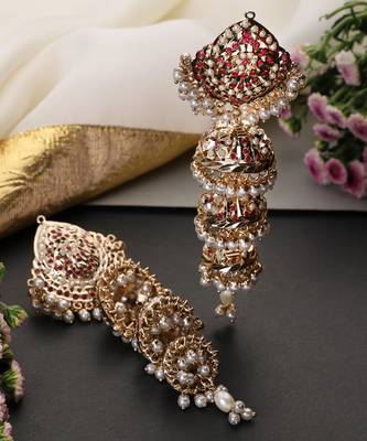 Gold plated red jadau jhumka earrings 2