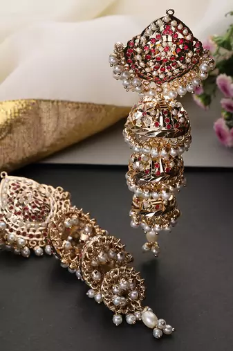 Gold plated red jadau jhumka earrings