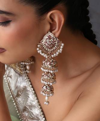 Gold plated red jadau jhumka earrings 3
