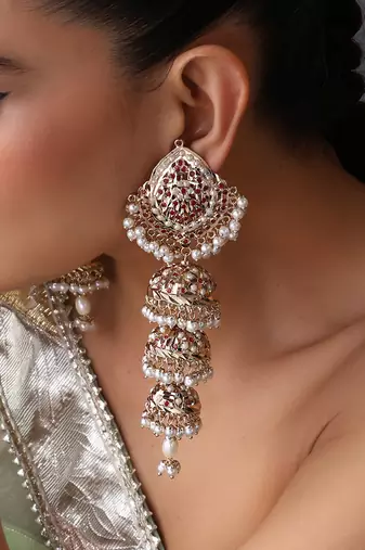 Gold plated red jadau jhumka earrings
