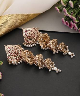 Gold plated red jadau jhumka earrings 4
