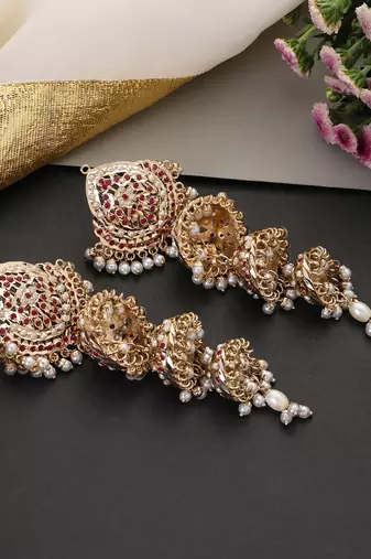 Gold plated red jadau jhumka earrings