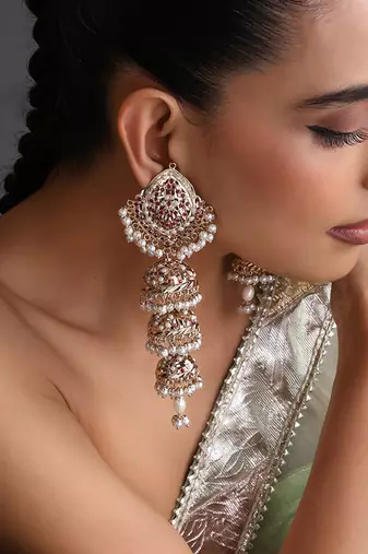 Gold plated red jadau jhumka earrings