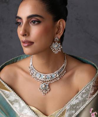 Gold plated blue jadau necklace set 1