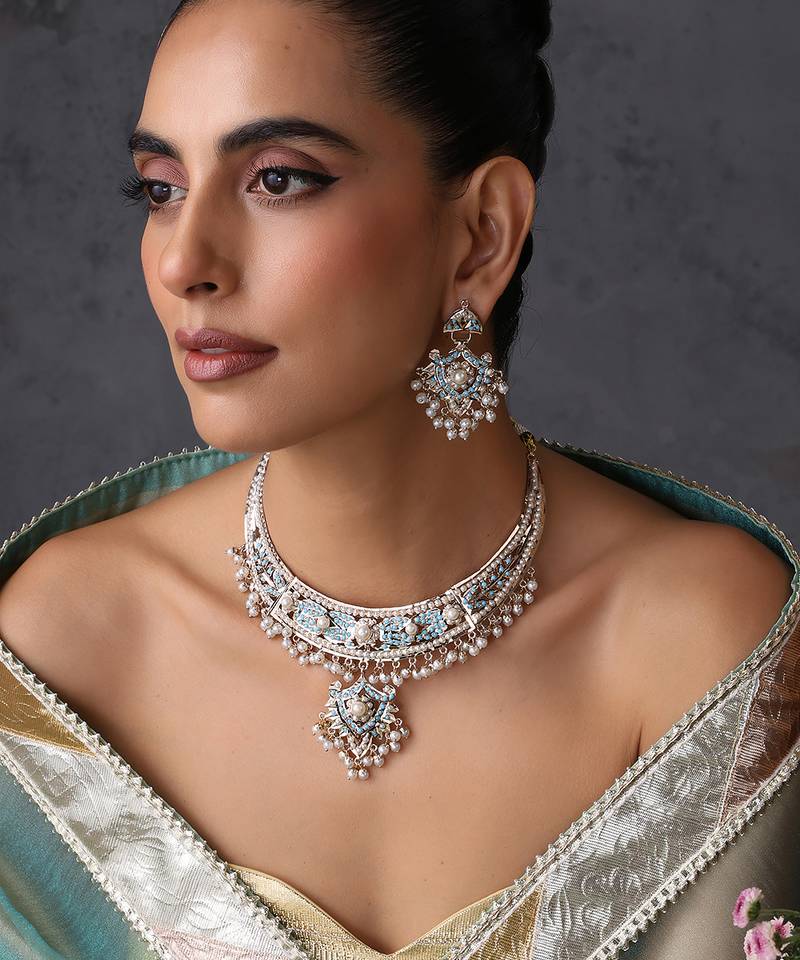 Gold plated blue jadau necklace set