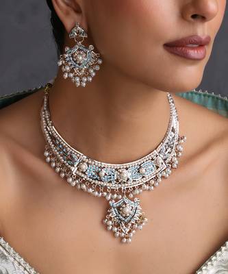 Gold plated blue jadau necklace set 3