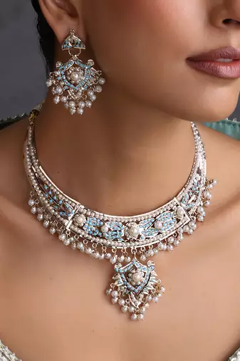 Gold plated blue jadau necklace set