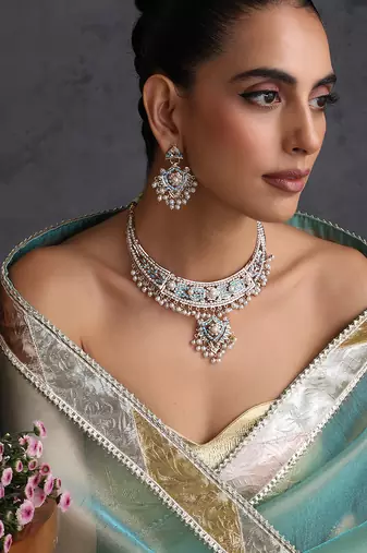 Gold plated blue jadau necklace set